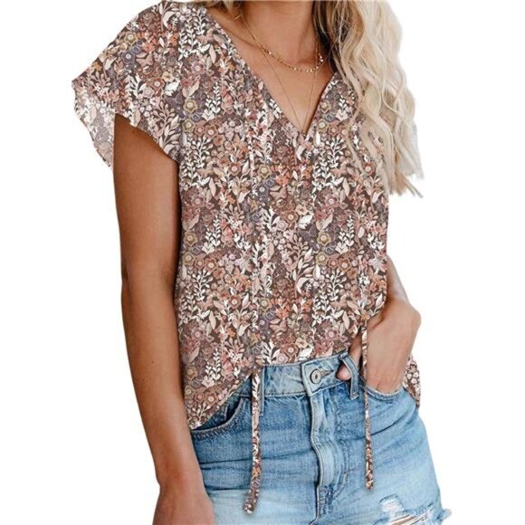 Women's Casual Boho Floral Printed V Neck Tops Drawstring Short Long Sleeve - Picture 1 of 5